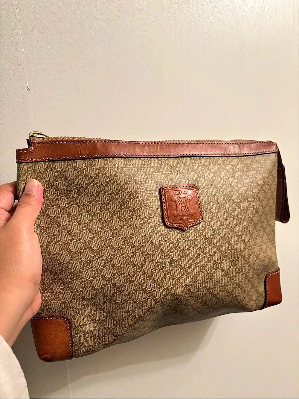Celine Macadam Monogram Zip Clutch Pouch Brown & Beige